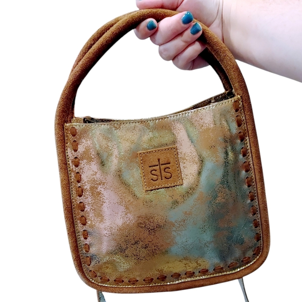 STS Gold Metallic Leather SuedeFlaxen Roan Sugar Crossbody Satchel Handbag NWOT - Picture 11 of 11